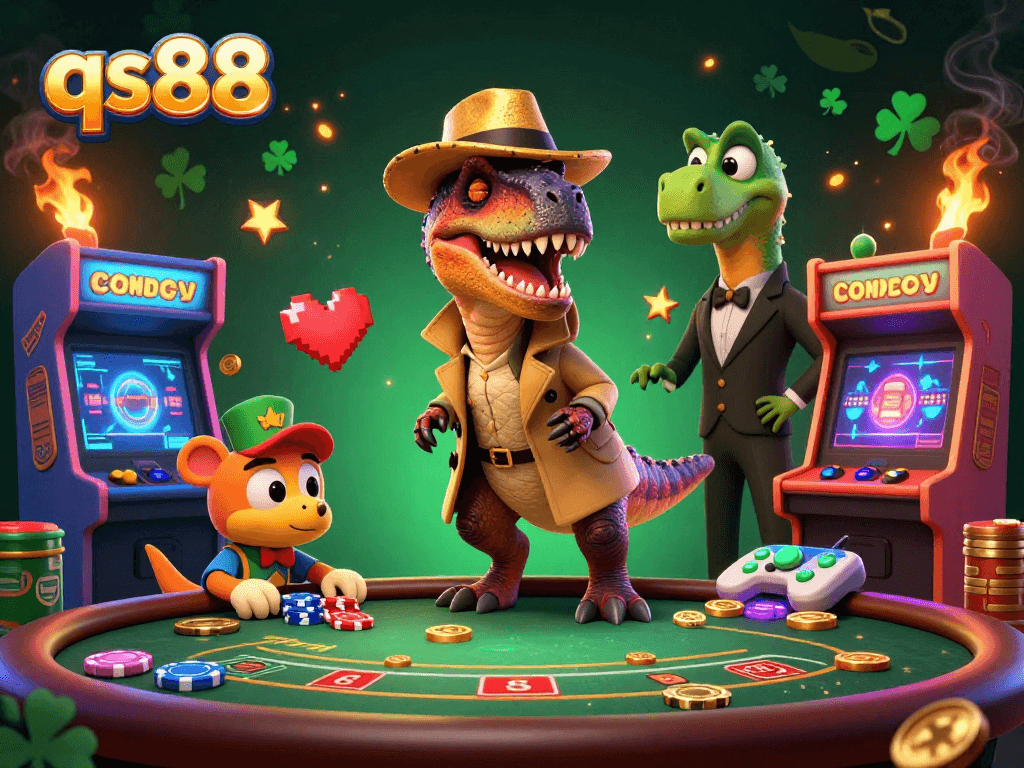 Experience thrilling action at qs88 with a 3D velociraptor card counter and stegosaurus pit boss at a blackjack table.