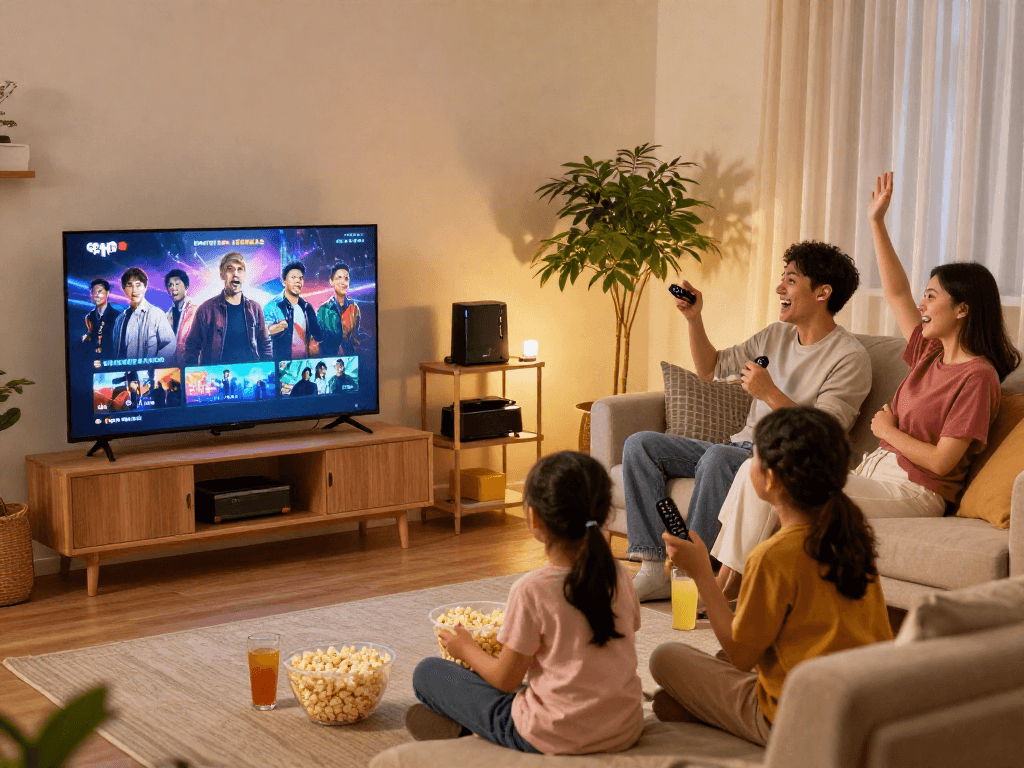 Une famille appréciant une soirée cinéma avec Iron TV dans un salon chaleureux et accueillant.