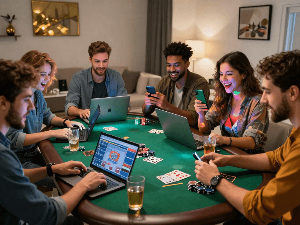 Scène de casino en ligne avec des amis jouant à des jeux, ambiance conviviale et festive.