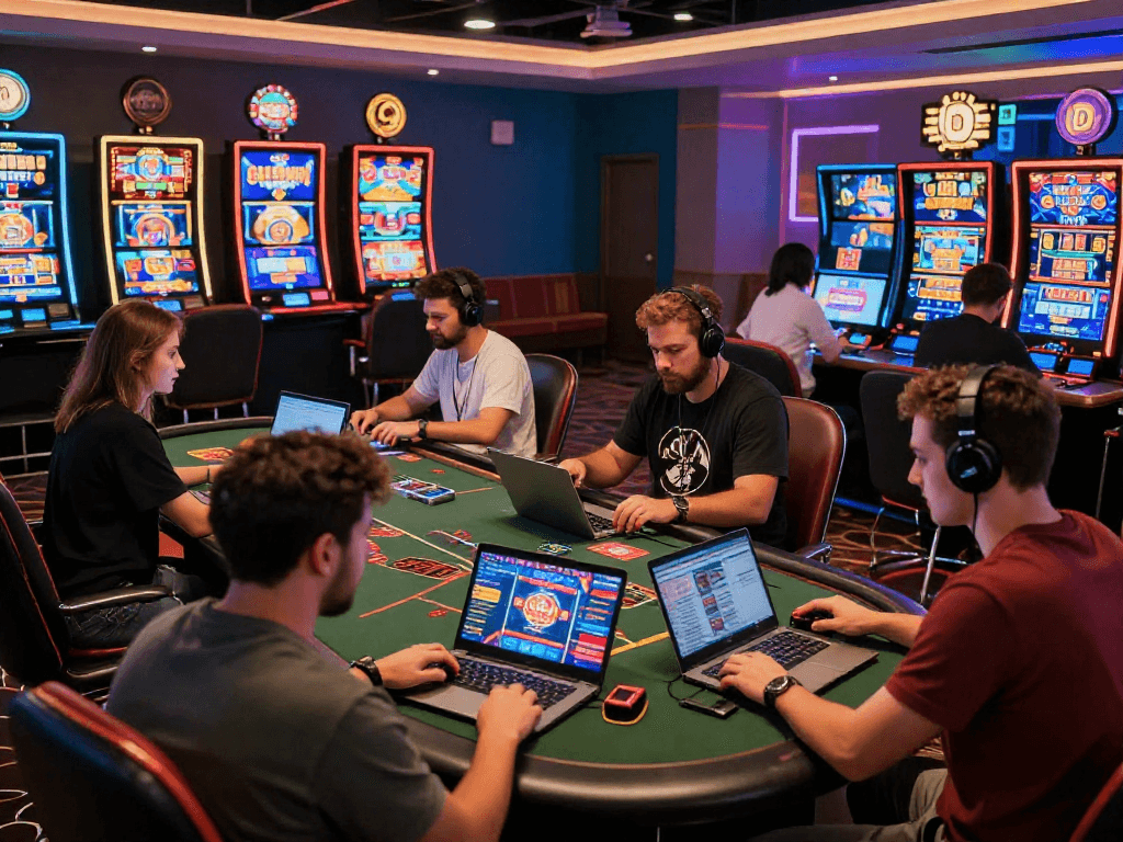 Joueurs engagés dans des jeux de casino en ligne, mettant en avant l'excitation et la diversité des expériences de jeux.