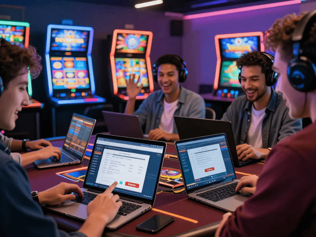 Casino en ligne avec retrait instantané : joueurs heureux utilisant leurs appareils pour des gains rapides en cryptomonnaies.