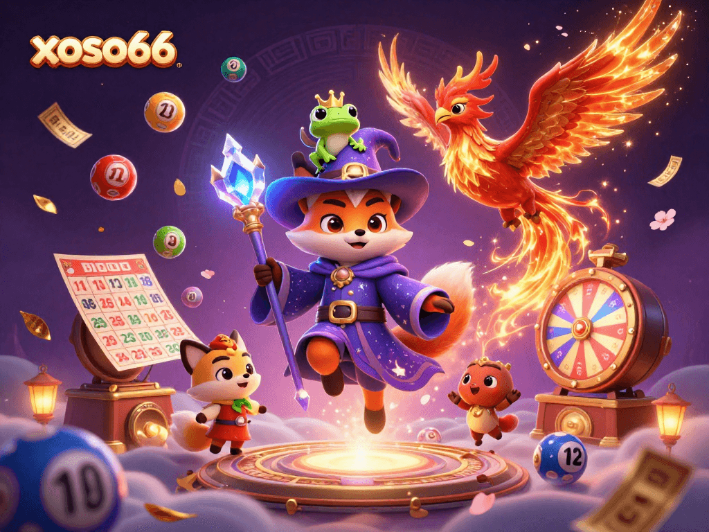 XOSO66 showcases a fantastical wizard fox and phoenix in a vibrant gambling scene filled with colorful lottery balls and golden game elements.