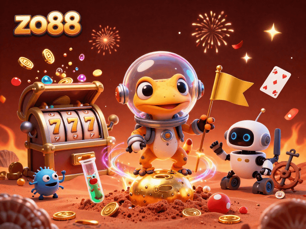 Experience the excitement of zo88 with a vibrant Martian gecko discovering a hidden casino.