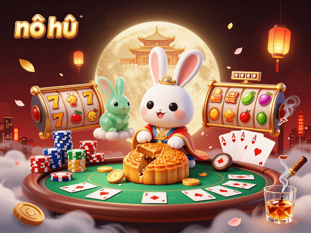 Engaging nổ hũ scene with moon rabbit and slot elements showcasing vibrant casino action.