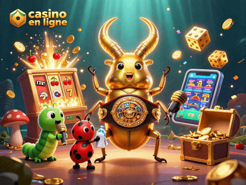 Un combat dynamique au casino en ligne avec un scarabée géant doré face à un petit coccinelle, entouré de jeux et de jackpots.
