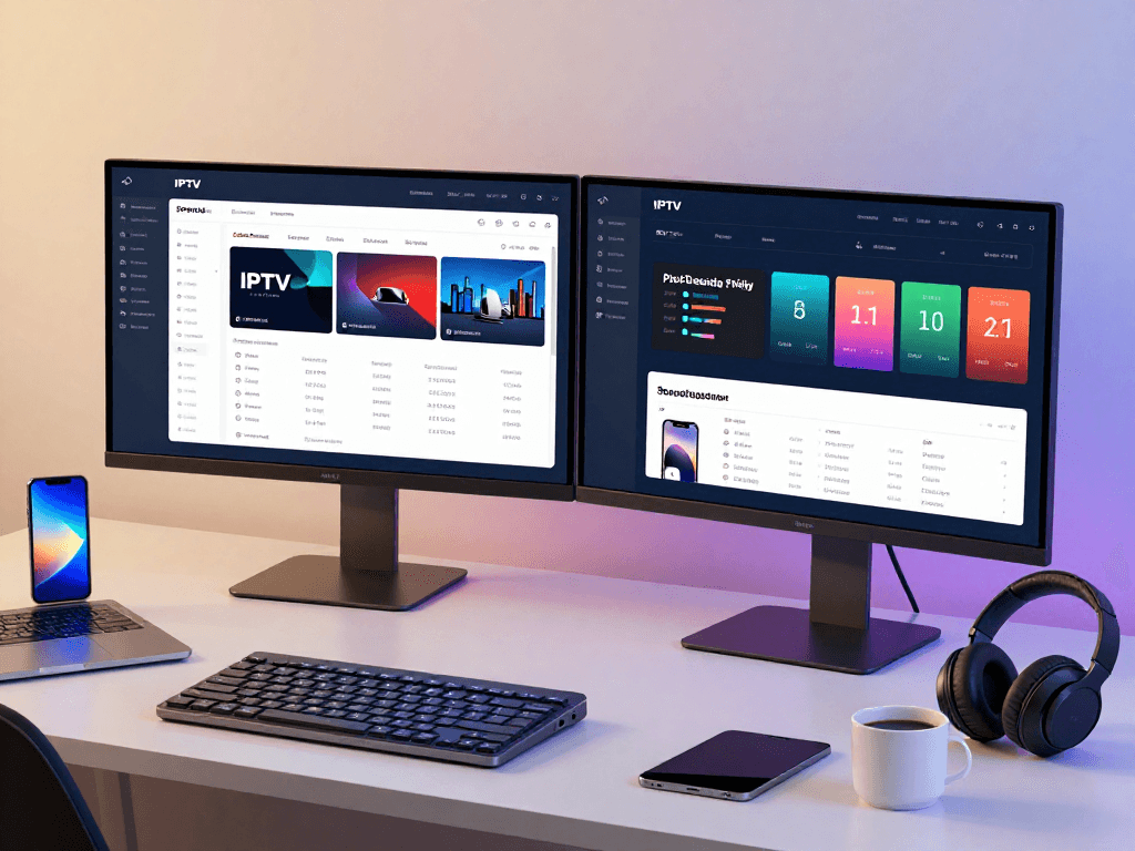 Iptv reseller dashboard view with subscription metrics on dual monitors, showcasing advanced software interfaces and user-friendly design.