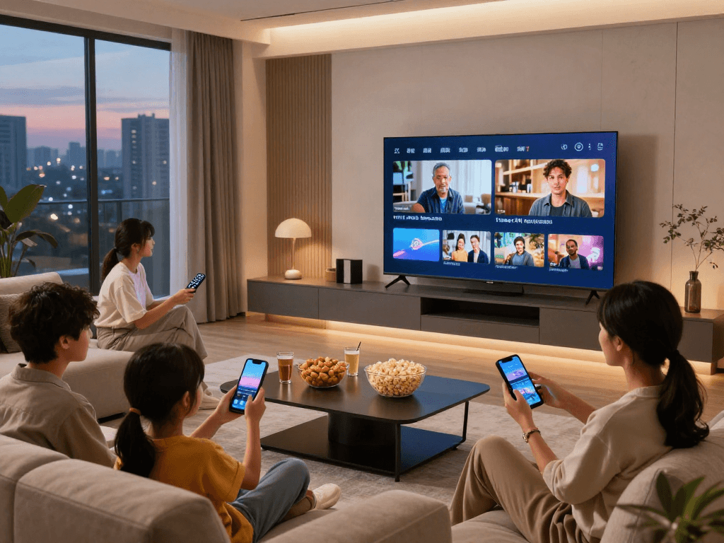 La famille profitant de l'Atlas pro ontv dans un salon moderne avec un éclairage doux.