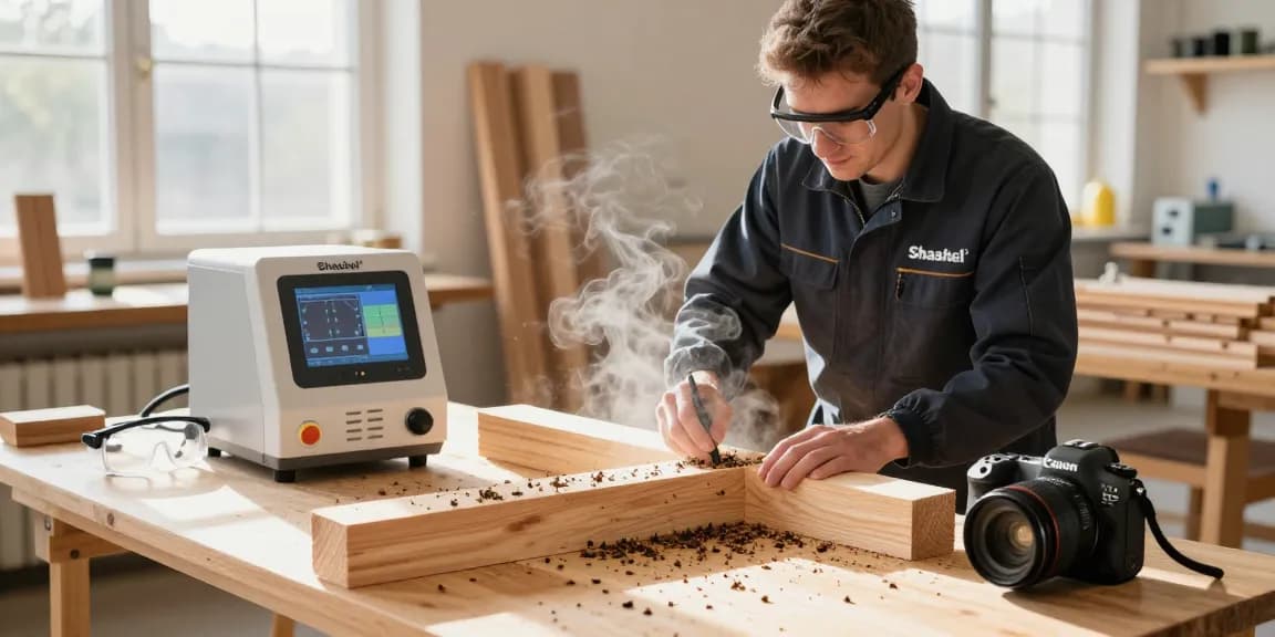 Traitement du bois avec Shashel® dans un atelier, technicien en sécurité utilisant technologie de micro-ondes.