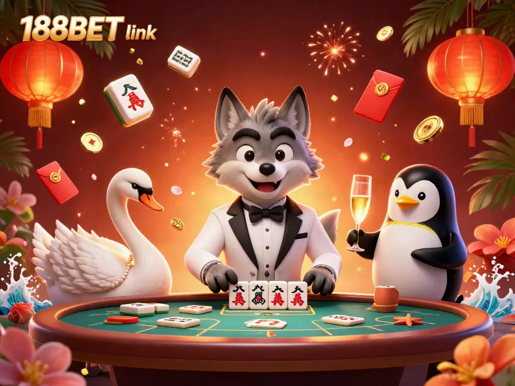 Experience the excitement of the 188BET link with a luxurious casino scene featuring a debonair wolf and elegant characters.
