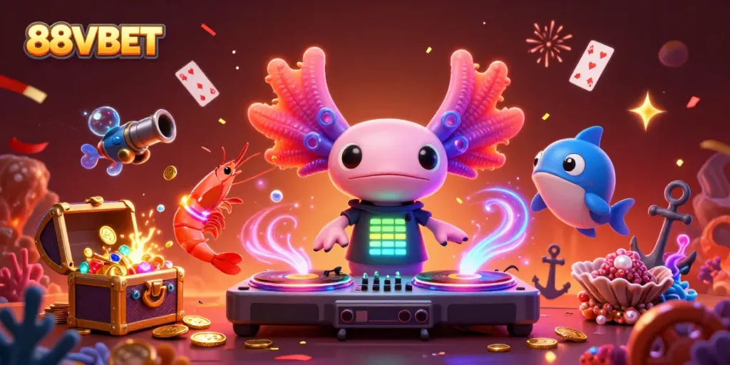 Join the vibrant world of 88VBET with a neon-colored axolotl DJ and dynamic ocean creatures celebrating wins.