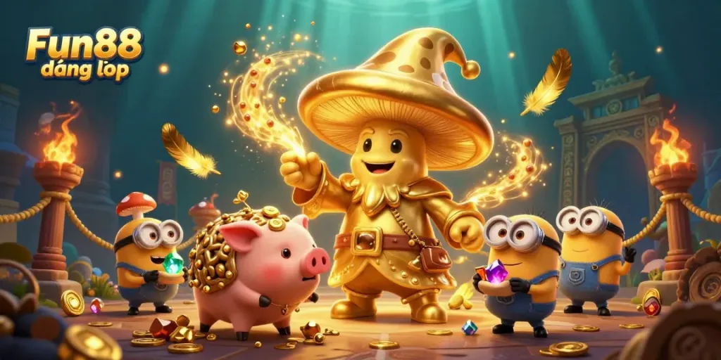 Experience winning at Fun88 đăng nhập with a dynamic casino scene full of gold and treasures.