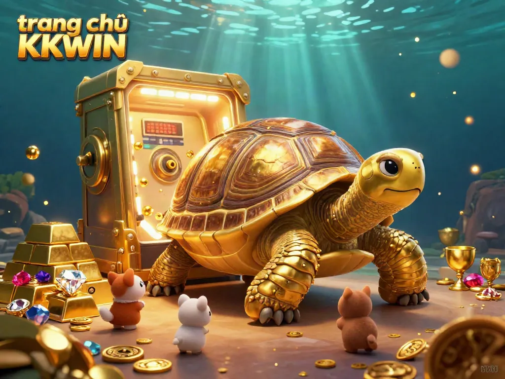 A vibrant scene at trang chủ KKWIN with a golden tortoise pinball machine, sparkling treasures, and excited animal players.
