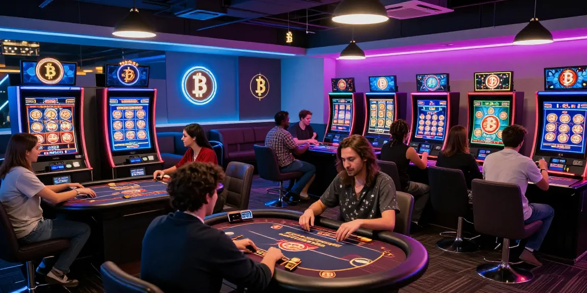 Scène d'un crypto casino sans KYC avec des joueurs engagés, jeux en ligne et ambiance dynamique.