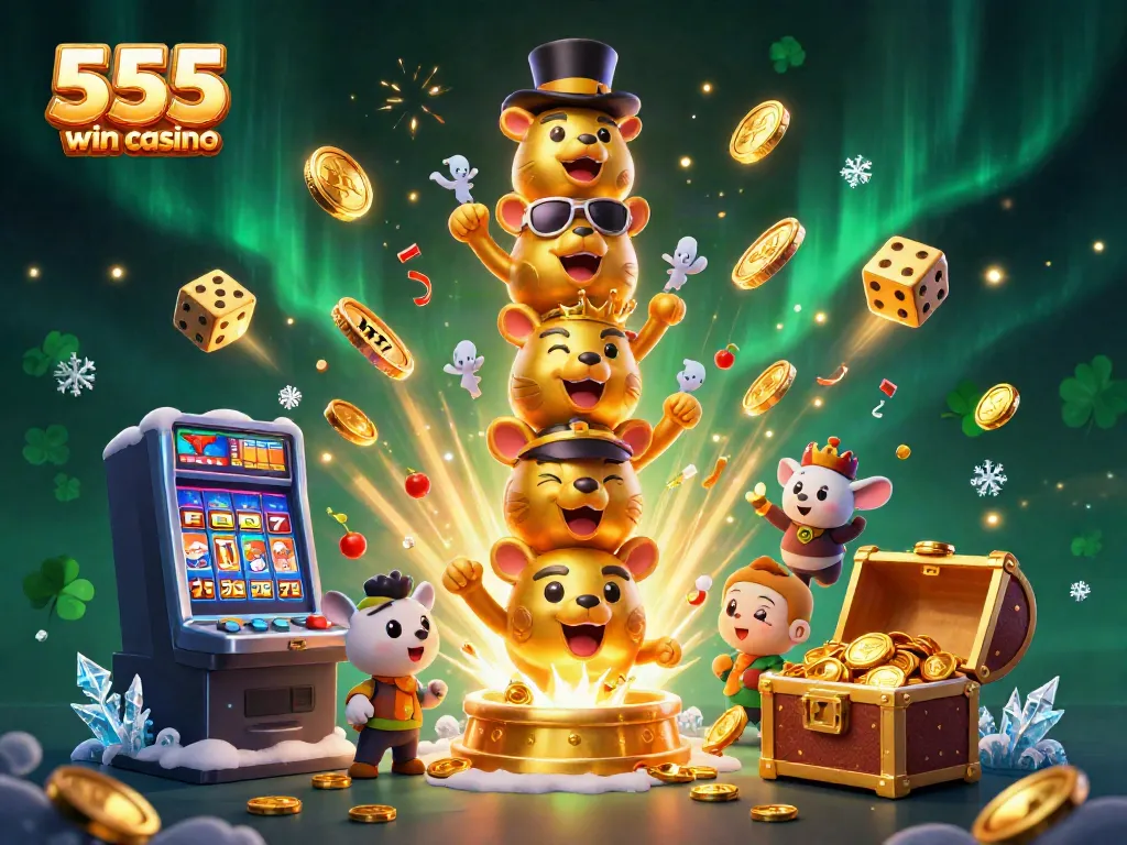 Experience jackpot excitement at 555 win casino with vibrant slot machines and animated totem characters.