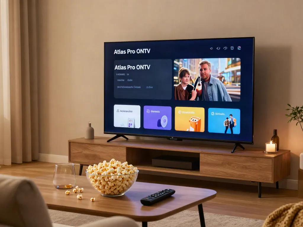 Configuration de divertissement moderne avec Atlas Pro ONTV, TV intelligente et ambiance chaleureuse.