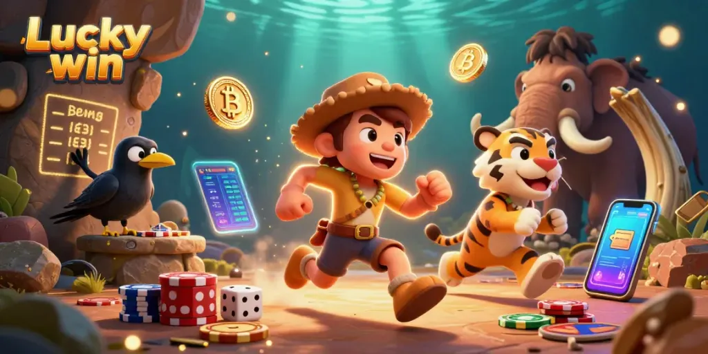Experience thrilling gameplay at Lucky win casino with vibrant characters and glowing crypto elements.