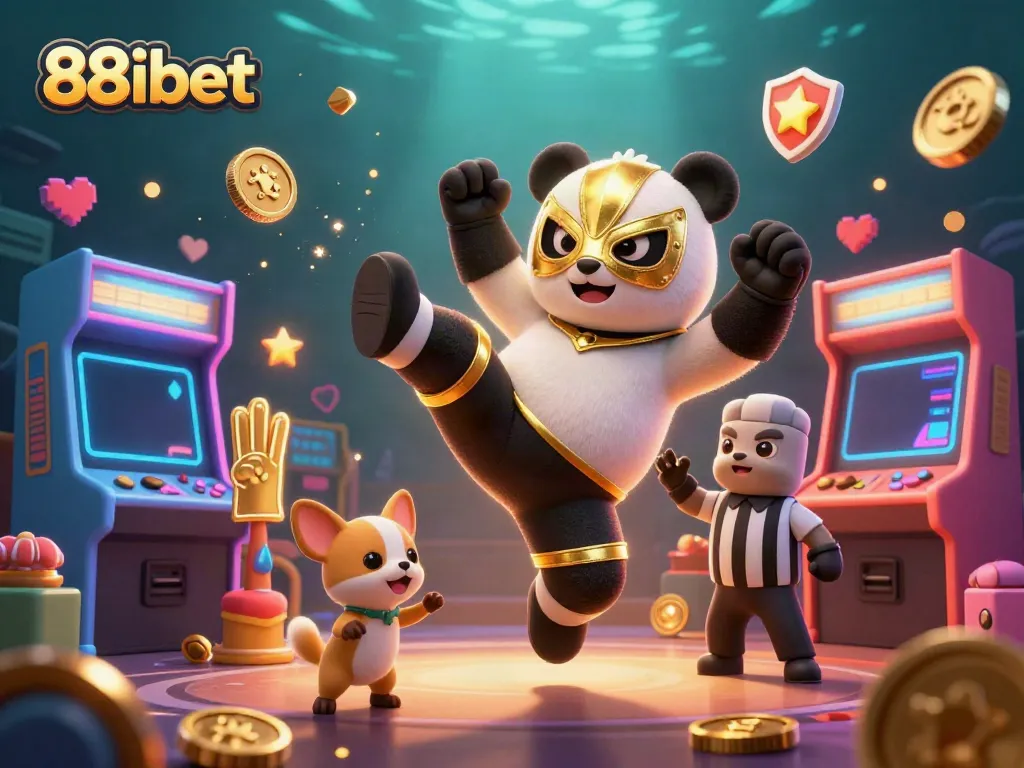 Experience the excitement at 88ibet with an energetic casino scene featuring a wrestling panda and lively animal spectators.