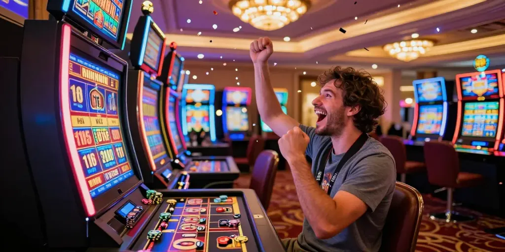 Bonus casino sans dépôt célébré par un joueur heureux dans un casino éclairé.
