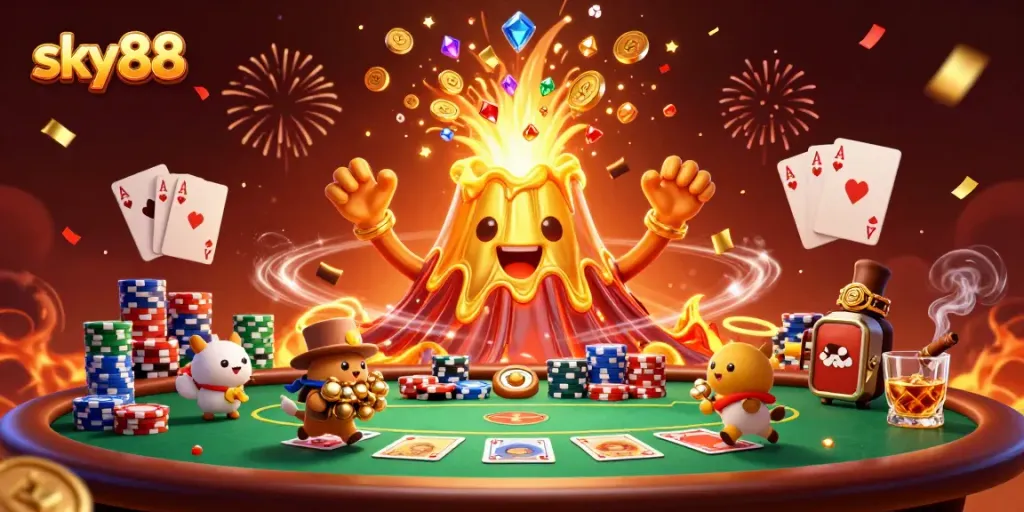 Experience sky88's thrilling casino environment featuring a golden volcano erupting with treasure and poker elements.