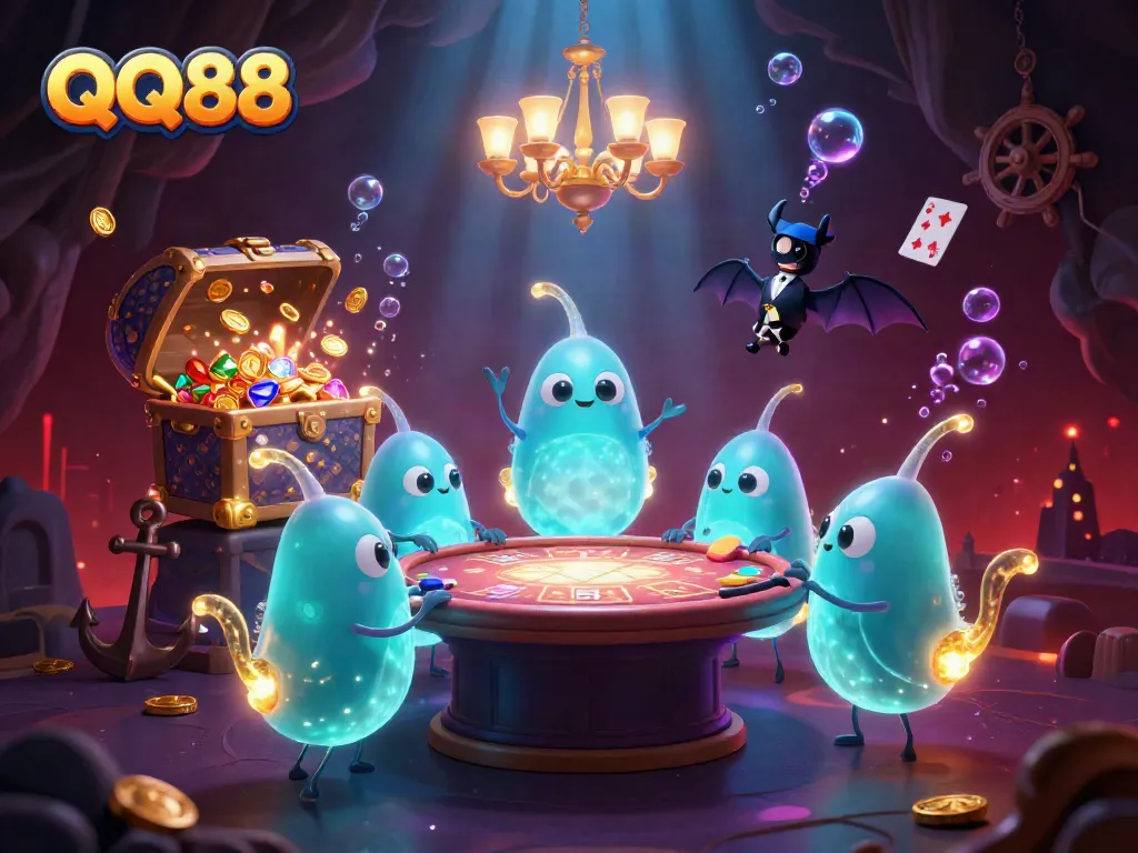 Experience the thrill of QQ88 with a vibrant, illuminated cave casino scene featuring glowworms, a bat dealer, and treasures.