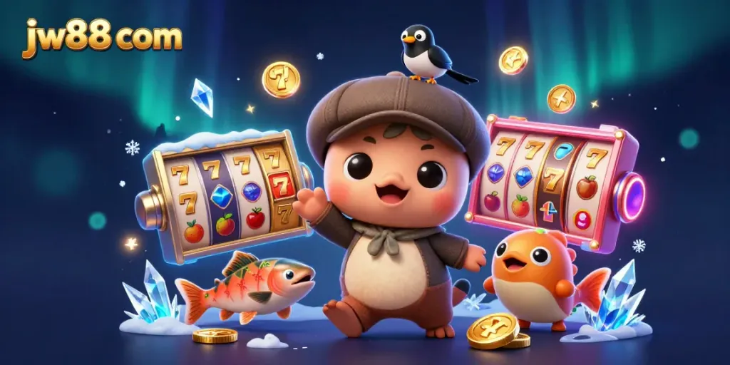 Engage in exciting gameplay at jw88 com, featuring dynamic cartoon characters in a rich casino environment.
