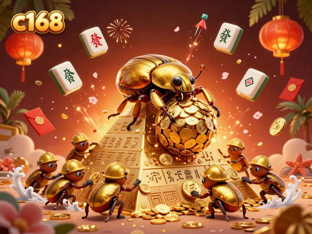 Experience the thrill of c168 gaming with a golden dung beetle rolling coins in this vibrant scene.