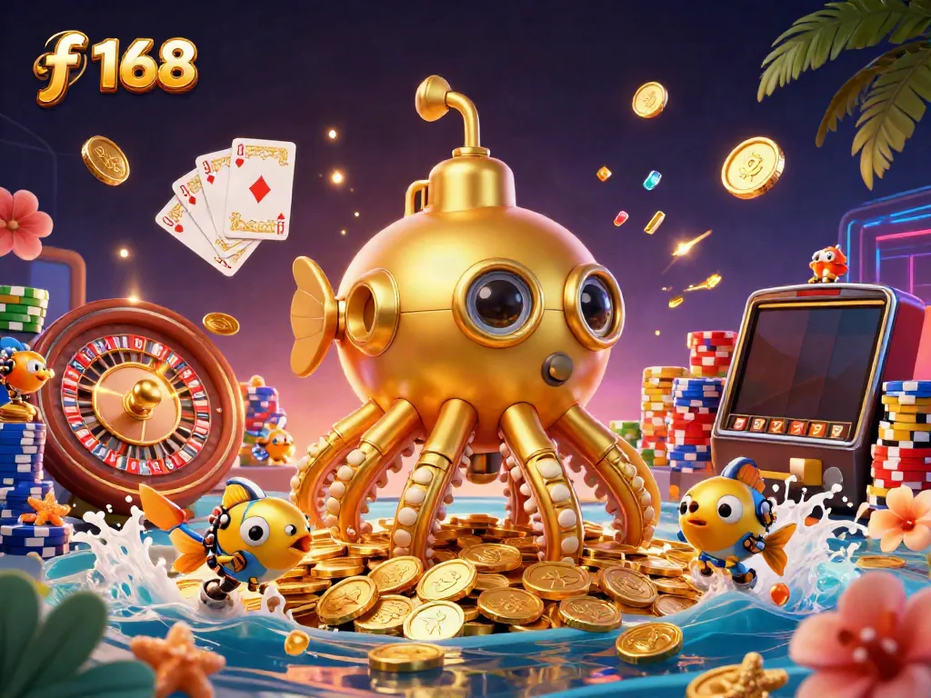Experience thrilling gaming excitement with f 168's golden kraken and sparkling casino elements.