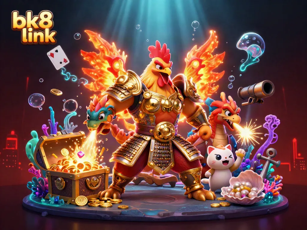 Experience the excitement of the bk8 link with a captivating 3D illustration of a samurai rooster and dragon.
