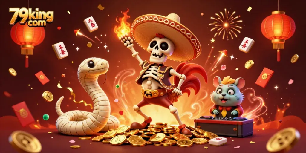 Experience the thrill at 79king com with vibrant casino elements and festive characters celebrating wins.