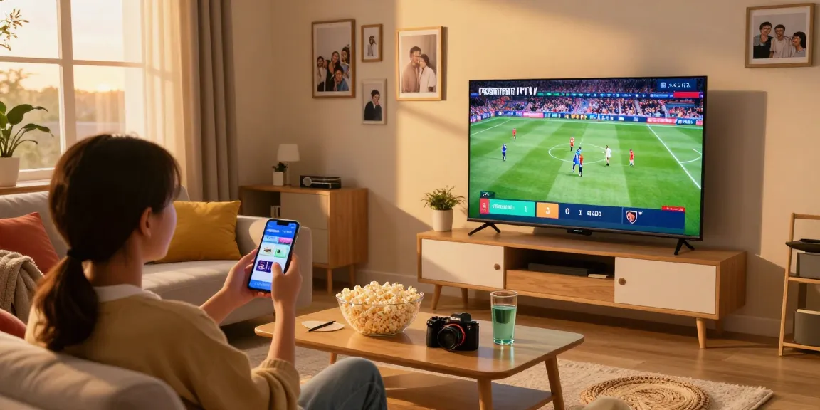 Une famille profitant du service IPTV premium Iron tv pro dans un salon chaleureux avec une grande TV Smart.