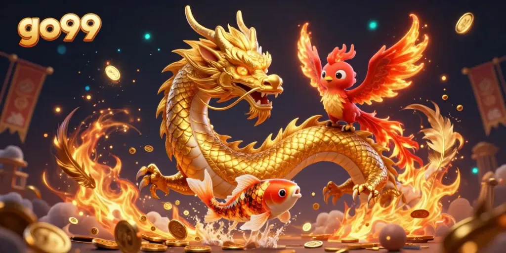 Experience thrilling moments with go99's vibrant casino action featuring dragons and phoenixes.