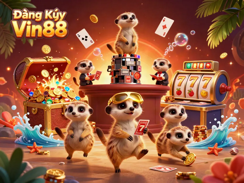 Experience the thrilling world of Đăng Ký Vin88 with a vibrant 3D casino scene full of meerkats!