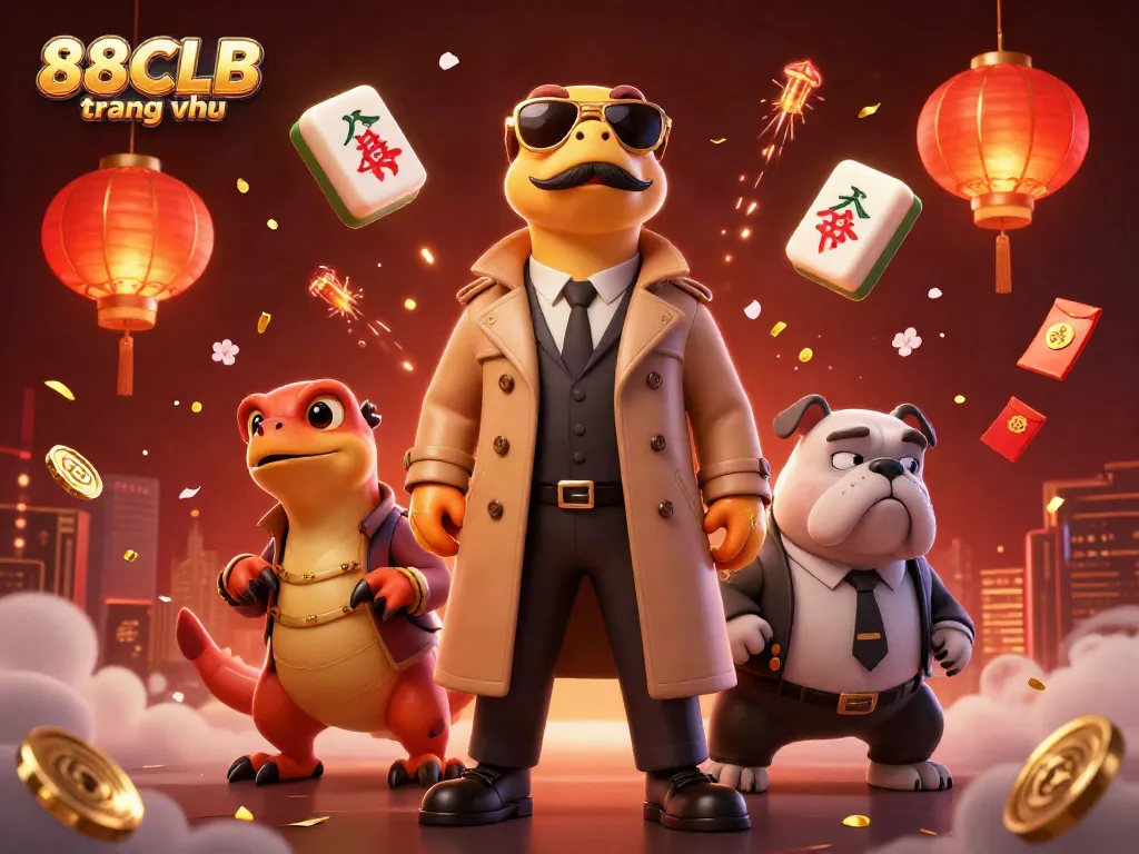 Engage with 88CLB trang chủ, where raptors attempt VIP casino entry amidst festive floating elements.