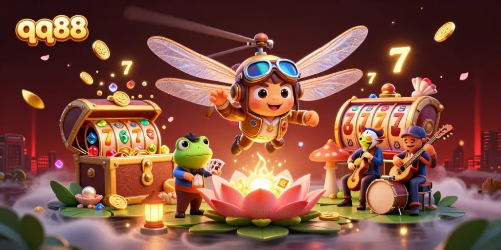 Immerse in qq88's vibrant casino scene with lively characters and rich visuals, showcasing slots and card games.