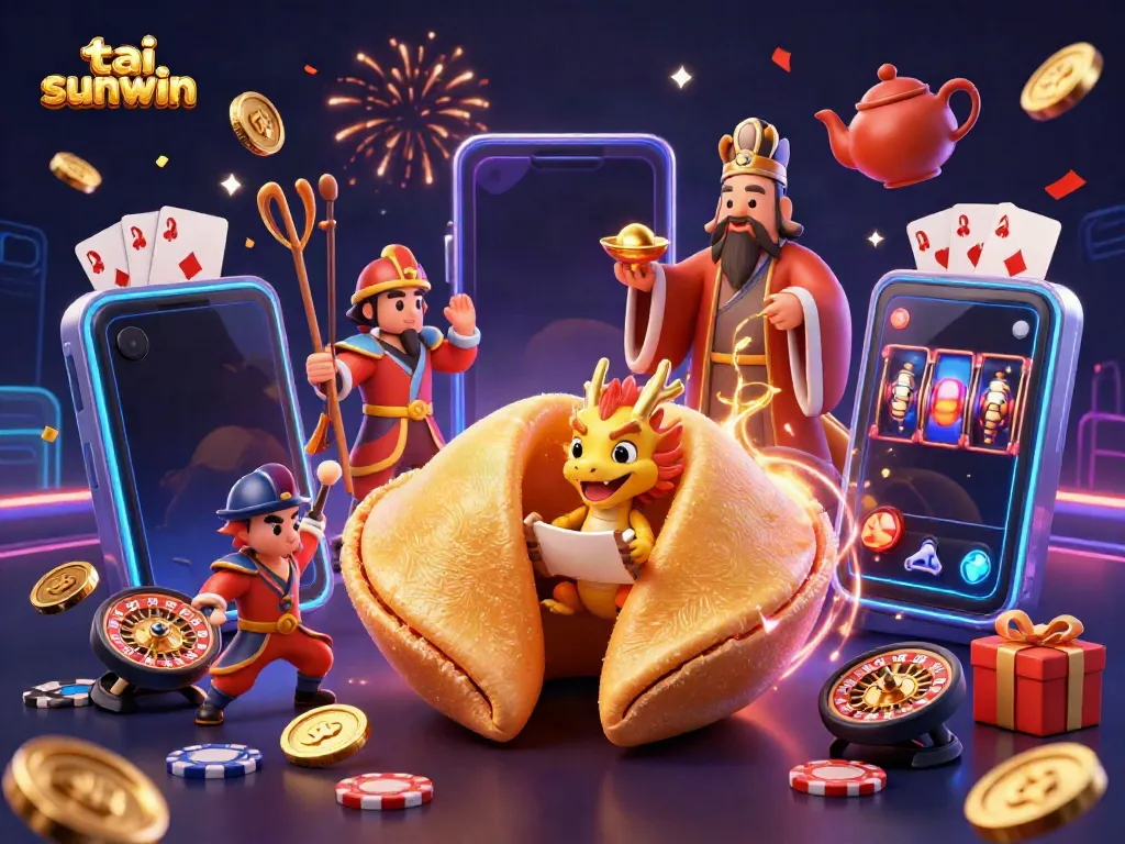 Experience gaming excitement with tai sunwin's vibrant casino scene featuring fortune cookies and animated game icons.