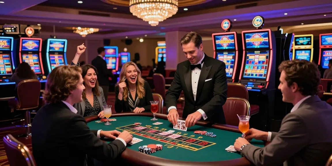 Ambiance d'un casino en ligne fiable avec des joueurs enthousiastes et des jeux captivants lors d'une soirée animée.