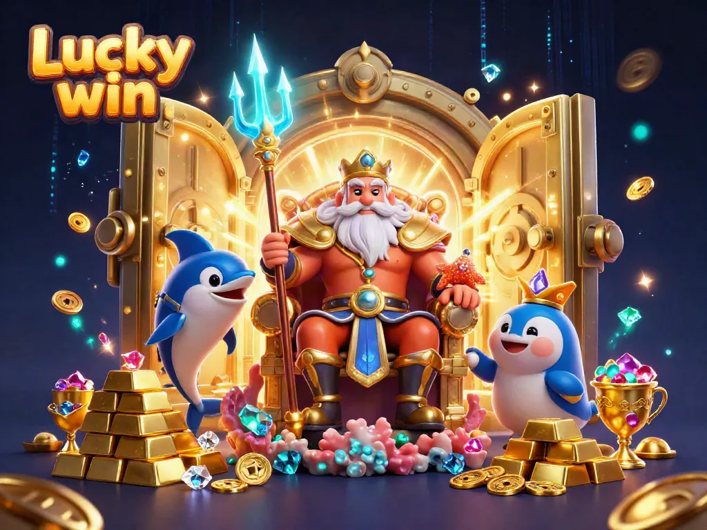 Experience the thrill of Lucky win with a vibrant 3D casino scene filled with treasure and rewards.