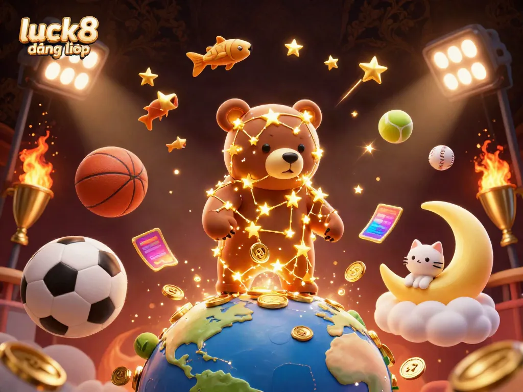 Engage with immersive luck8 đăng nhập experience featuring a golden constellation bear amidst dynamic sports elements and coins.