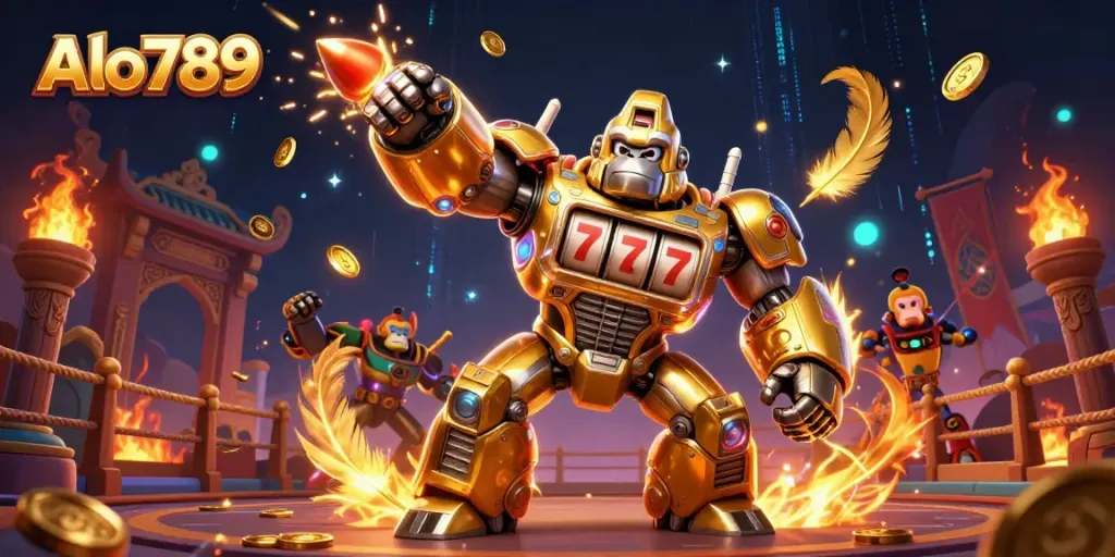 Alo789 features a golden gorilla mech slamming coins in an exciting casino brawl scene.