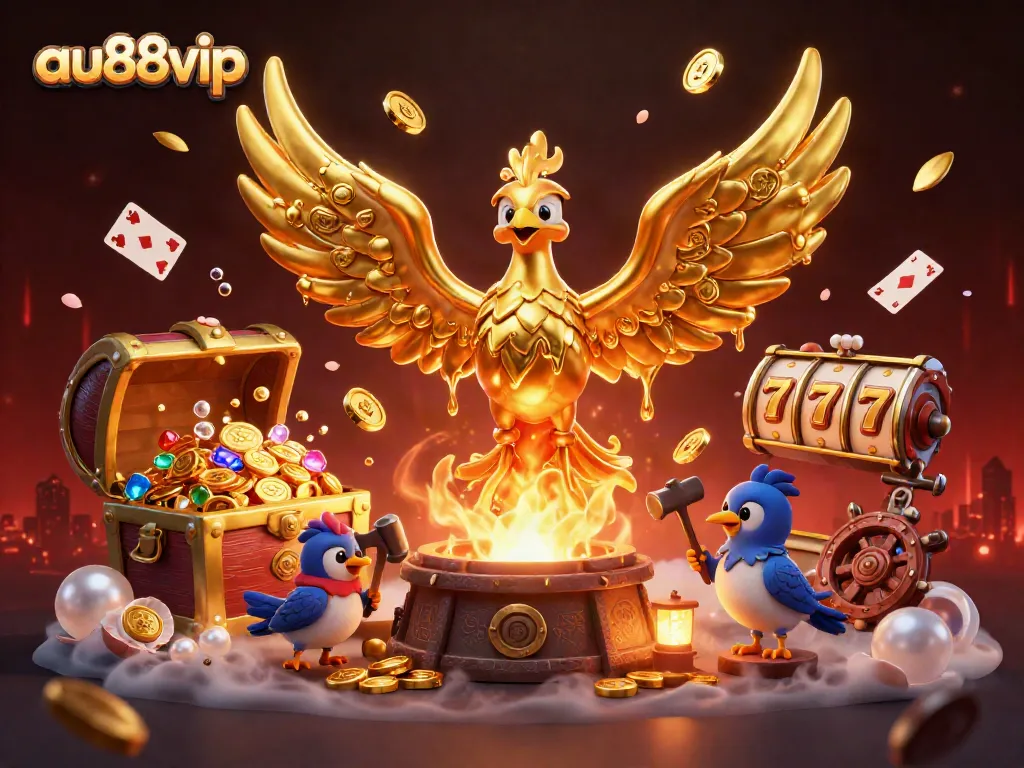 Experience the thrill of au88vip with a 3D phoenix and scattered gaming treasures.
