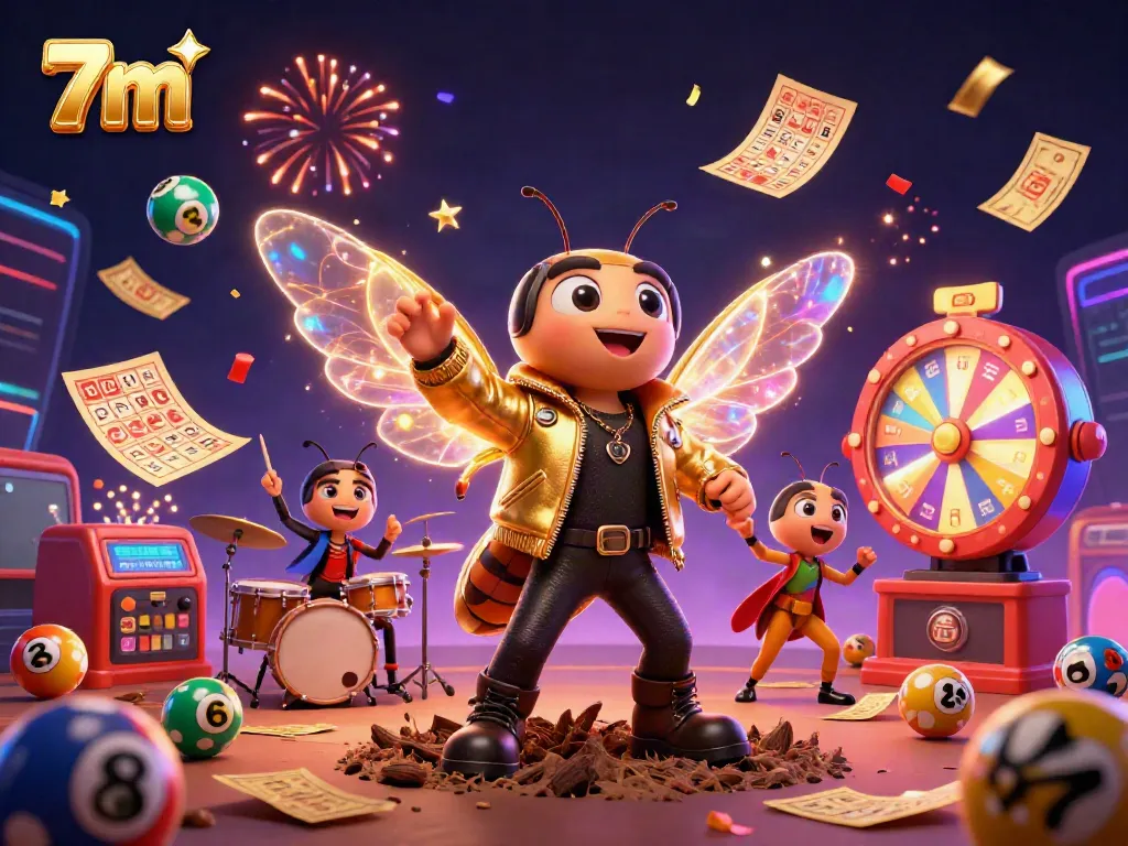 Engage with 7m's exhilarating casino experience featuring vibrant characters, colorful lottery elements, and dynamic energy.