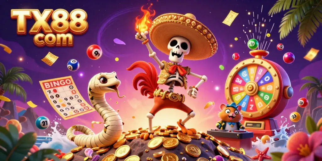 Experience the excitement at TX88 com with a lively illustration of a mariachi rooster and colorful lottery elements.