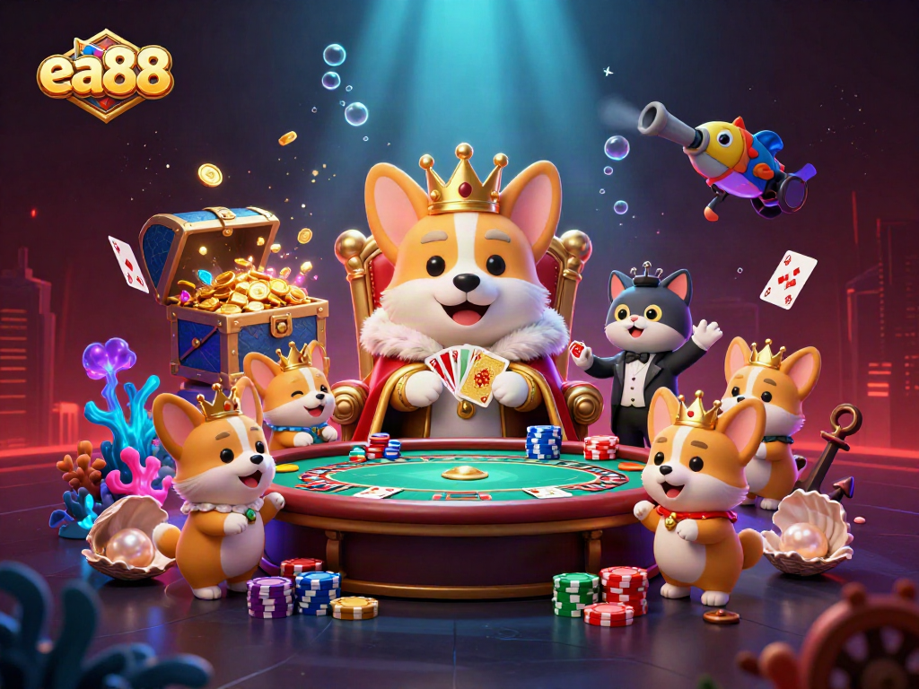 Join the excitement at ea88 with a royal corgi on a throne surrounded by vibrant casino elements.