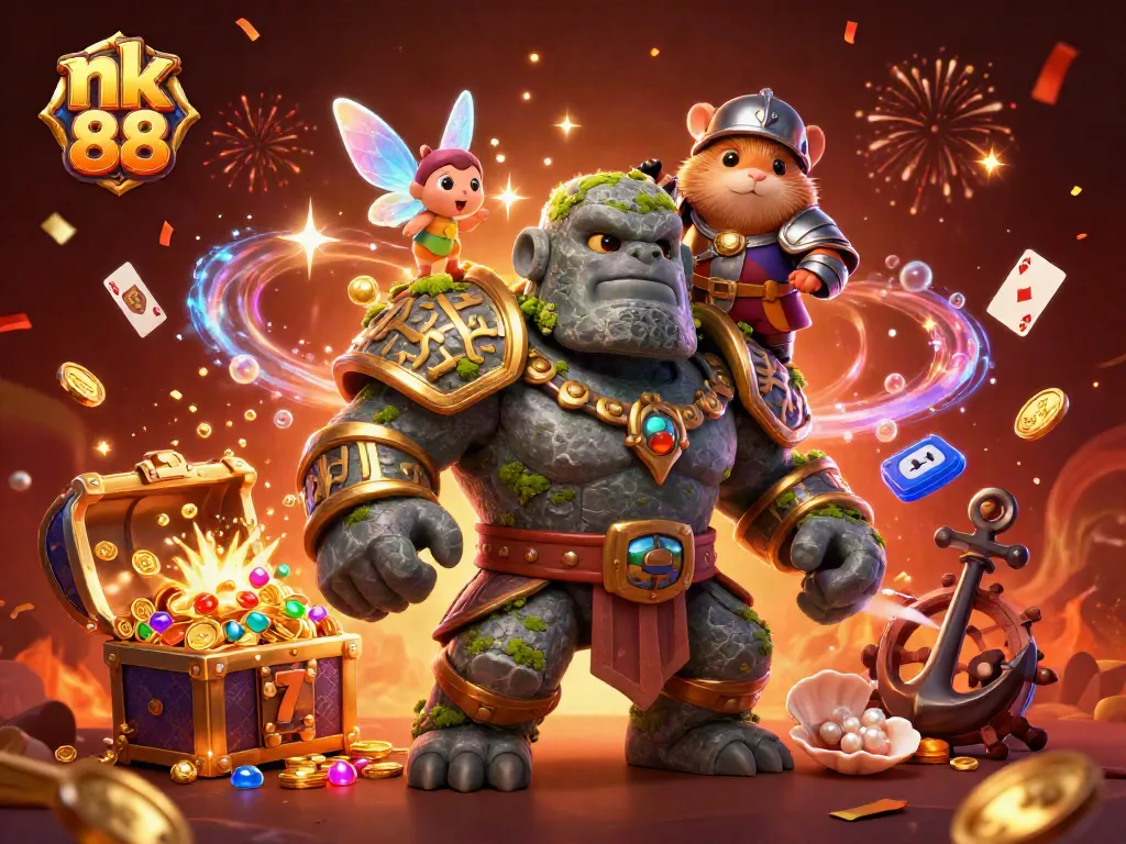 Experience thrilling wins at nk 88 with a vibrant golem, fairy, and hamster knight amidst swirling slot elements.