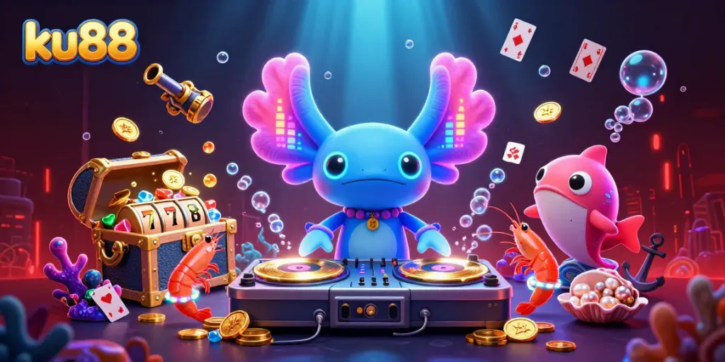 ku88 spinning through vibrant underwater casino with gold coins exploding, creating an energetic atmosphere