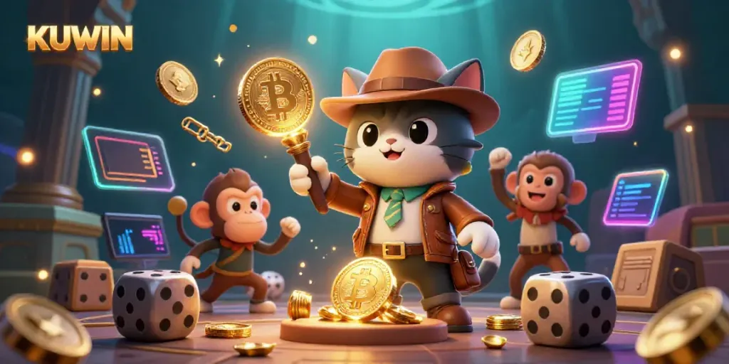 Engage with KUWIN in a vibrant underwater scene featuring a cat archaeologist and treasures.