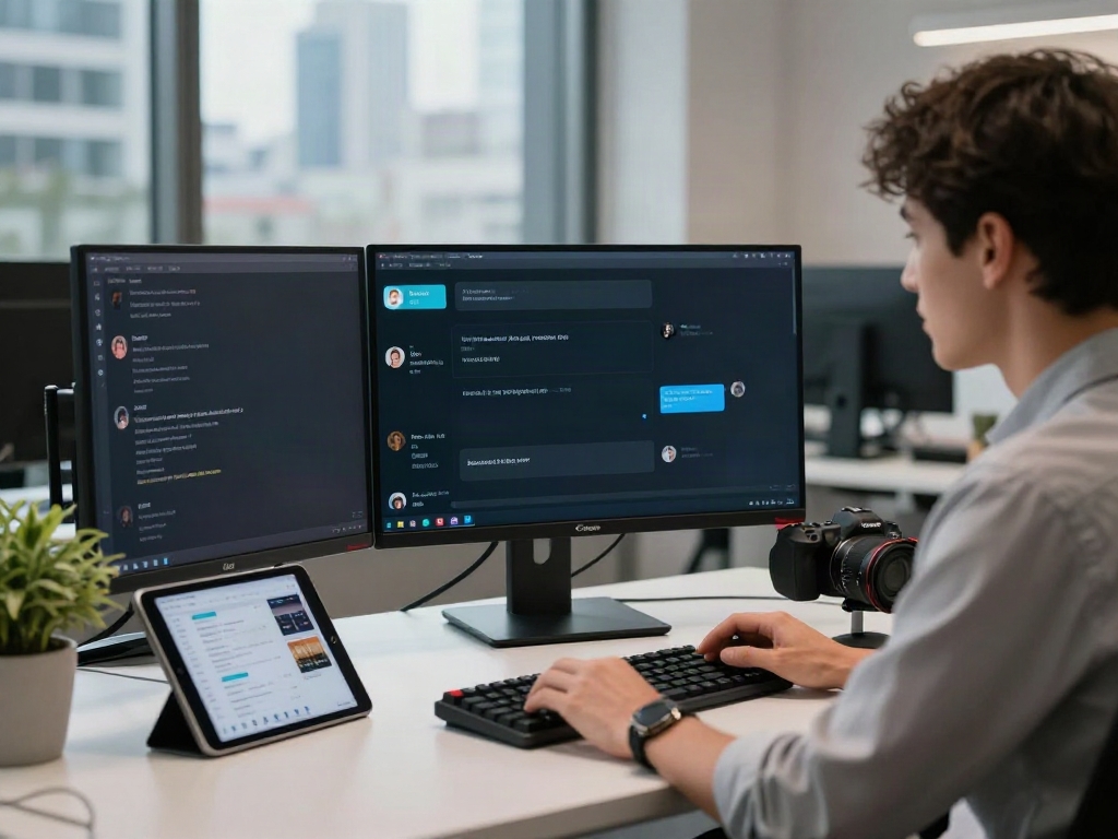 Engaging in uncensored AI chat at a modern tech workspace, showcasing creativity and innovation.