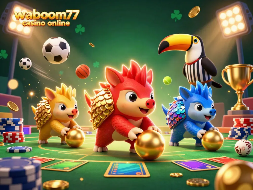 Experience the thrill of waboom77 casino online with rival pangolins amid poker chips and gold coins.
