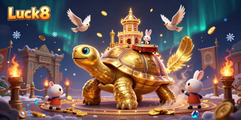 Luck8 casino illustration featuring a golden tortoise, rabbit dealer, and dynamic elements.