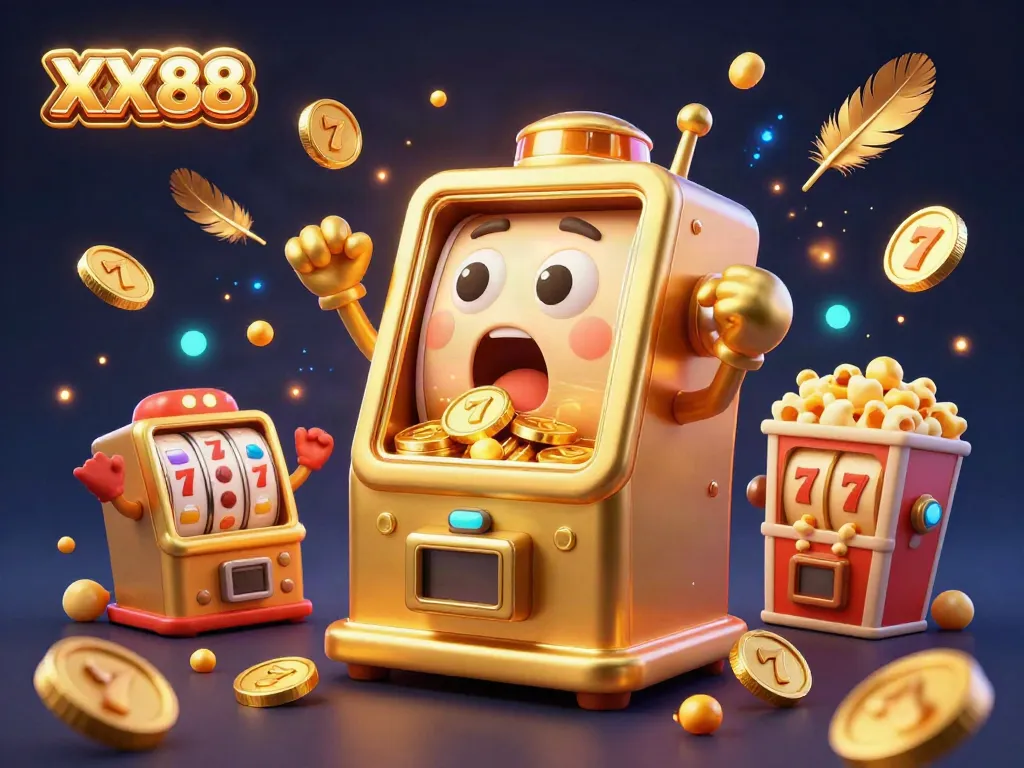 Experience the excitement of winning at XX88's slot machines as jackpots rain coins down in a vibrant casino setting.